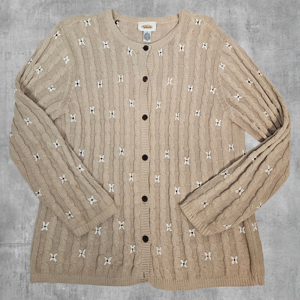 Vintage Talbots Beige Linen Cotton Cable Knit Embroidered Cardigan Sweater Large